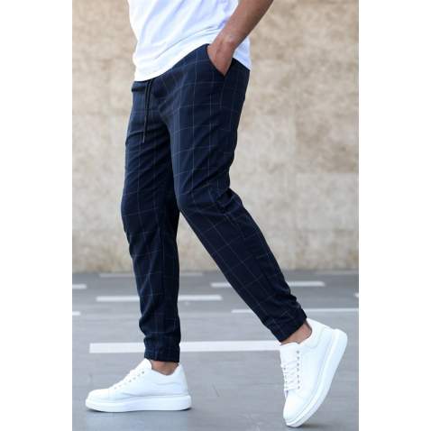 Madmext Navy Blue Checked Trousers Mad4081 - Lacivert