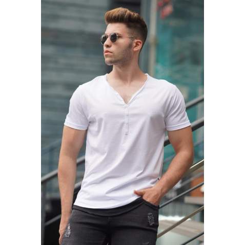 Madmext Men Buttoned White T-shirt 4490 - Beyaz