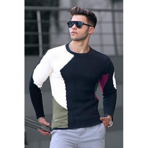 Madmext Black Two-Tone Crewneck Jumper 2770-6 - Siyah