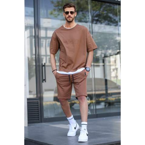 Madmext Men Brown T-shirt Shorts Set 5668 - Kahverengi