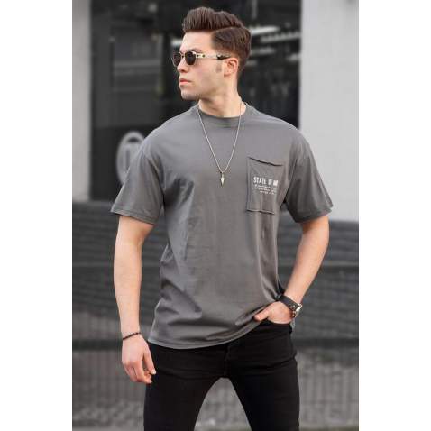 Men Printed Smoke Gray Oversize T-Shirt - Füme