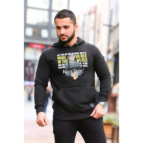 Kapşonlu Baskılı Sweatshirt Siyah 2778 - Siyah