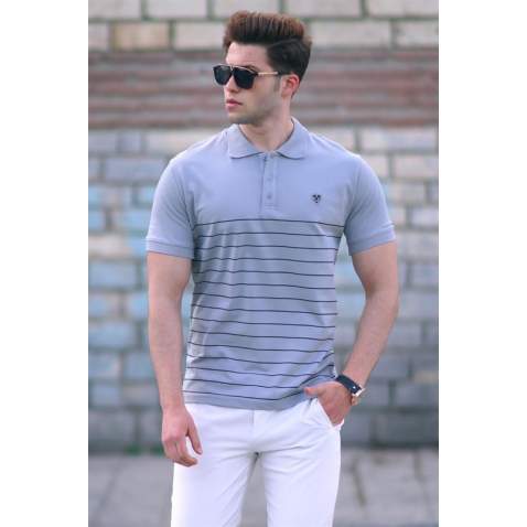 Madmext Men Striped Gray Polo T-shirt 5238 - Gri