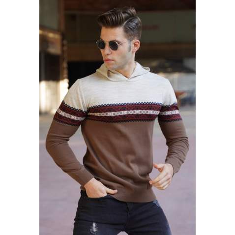 Madmext Beige Sweater With Hoodie For Men 5624 - Bej