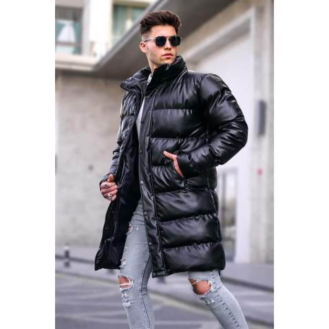 Men Black Long Puffer Jacket - Siyah