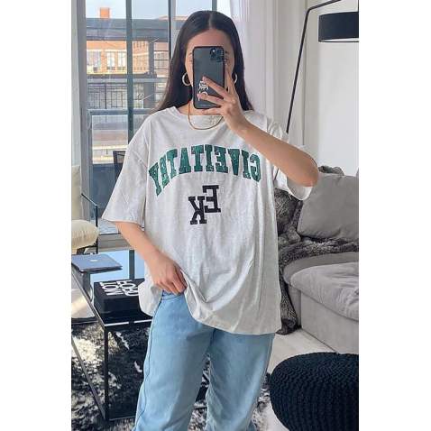 Women Printed Oversize Gray T-Shirt Mg1318 - Gri