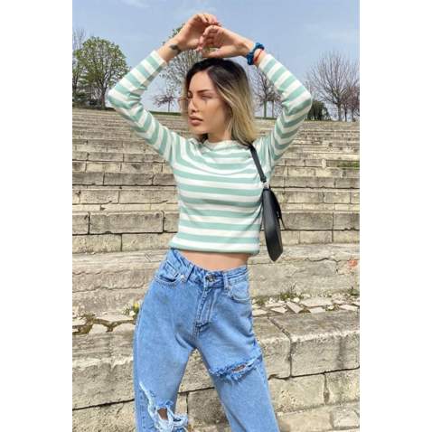 Women Crewneck Green Striped Sweater - Yeşil