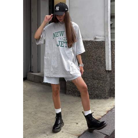 Women Printed Oversize Gray T-Shirt MG1226 - Gri