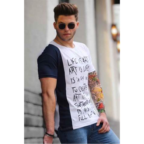 Madmext White Printed T-shirt for Men 3020 - Beyaz