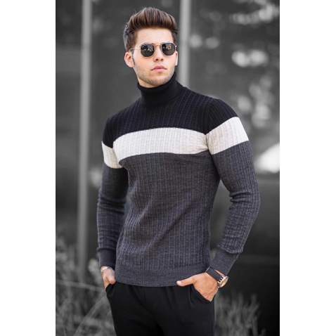 Madmext Black Three-Tone Roll Neck Jumper 4678 - Siyah