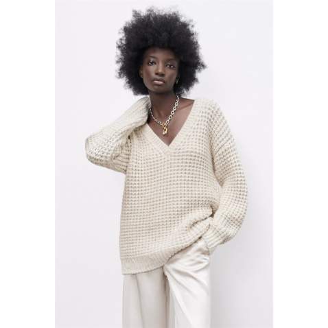 Beige Oversize V Neck Sweater MG1440 - Ekru