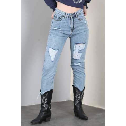 Mad Girls Ripped Blue Jeans Mom Wear MG1163 - Mavi