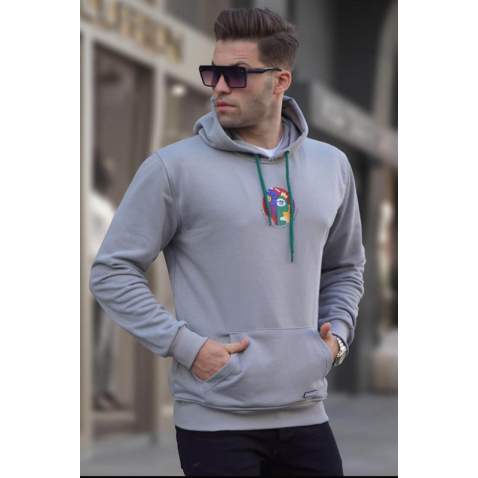 Boyalı Gri Arka Baskılı Kapüşonlu Sweatshirt 6040 - Boyalı gri