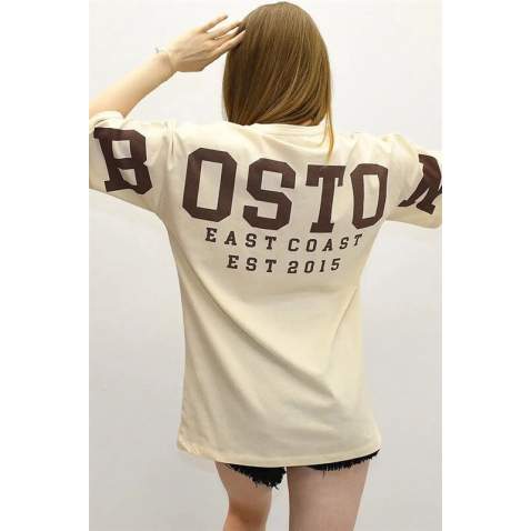 Women Printed Oversize Beige T-Shirt MG1529 - Bej