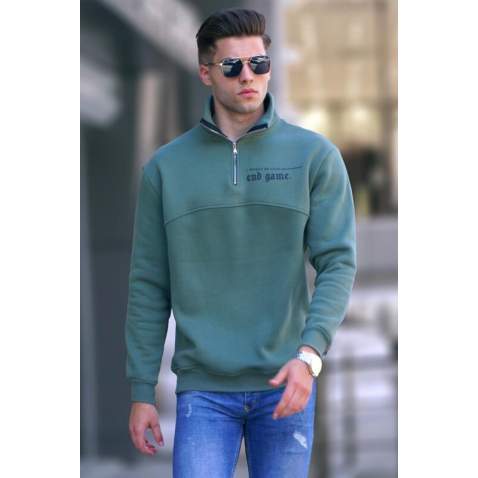 Khaki Green Printed Zipped Sweatshirt 6001 - Haki yeşili