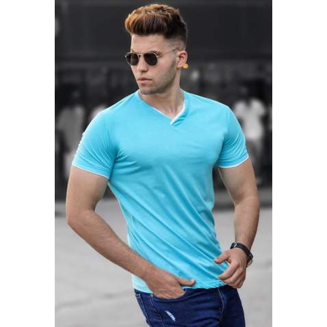 Madmext Men Plain V Neck Turquoise T-shirt5278 - Turkuaz