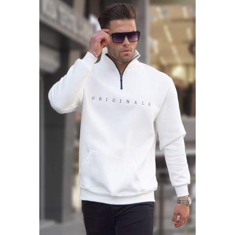 Ekru Fermuar Yaka Baskılı Sweatshirt 6028 - Ekru