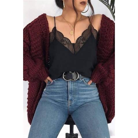 Mad Girls Black Lace Detailed Strappy Blouse MG303 - Siyah