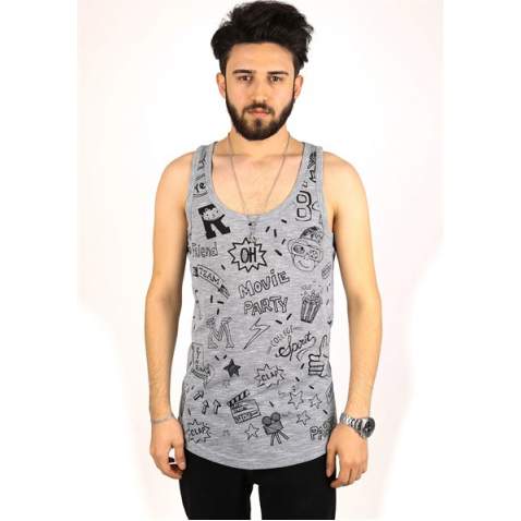 Madmext Men Printed Gray Tank Top 2319 - Gri