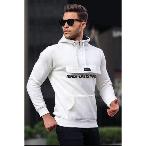 Madmext White Kangaroo Pocket Hooded Sweatshirt 4729 - Beyaz