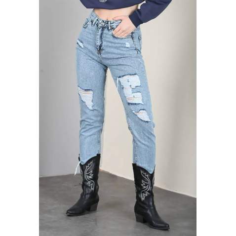 Mad Girls Ripped Blue Jeans Mom Wear MG1163 - Mavi