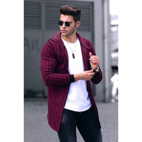 Madmext Claret Red Striped Cardigan with Hooded 4128 - Bordo