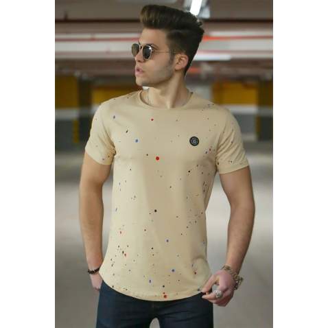 Madmext Camel Paint Splatter Print T-shirt for Men 4505 - Camel