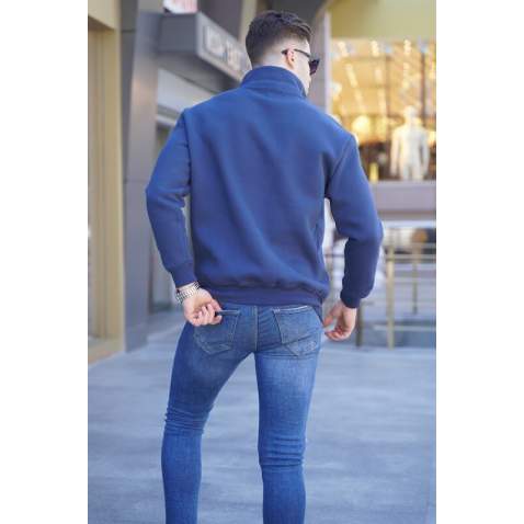 Navy Blue Printed Zipped Sweatshirt 6001 - Lacivert