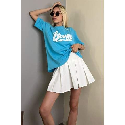 Women Printed Turquoise Over Fit T-Shirt MG1514 - Turkuaz