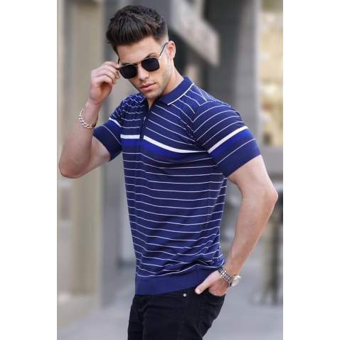 Men Striped Navy Blue Polo T-Shirt 5734 - Lacivert