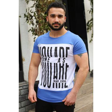 Madmext Blue Printed T-shirt for Men 3001 - Sax mavi