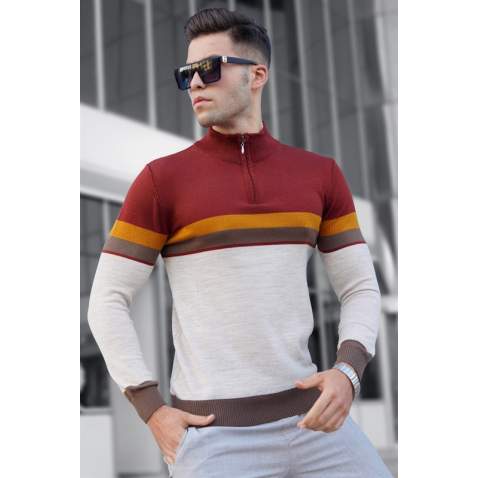 Madmext Men Red Tile Sweater With Zip 5601 - Kiremit