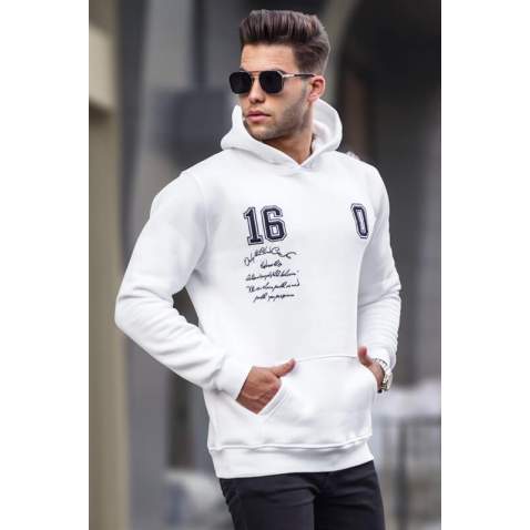 White Printed Hoodie Sweatshirt 6006 - Beyaz