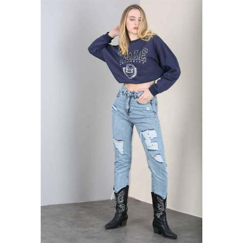 Mad Girls Ripped Blue Jeans Mom Wear MG1163 - Mavi