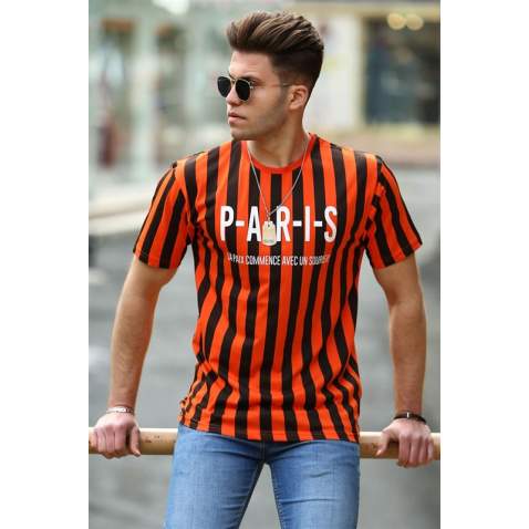 Madmext Black-Orange Striped T-shirt for Men 4003 - Turuncu