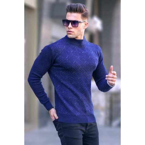 Navy Blue Mock Turtleneck Knitwear Sweater 5969 - Lacivert