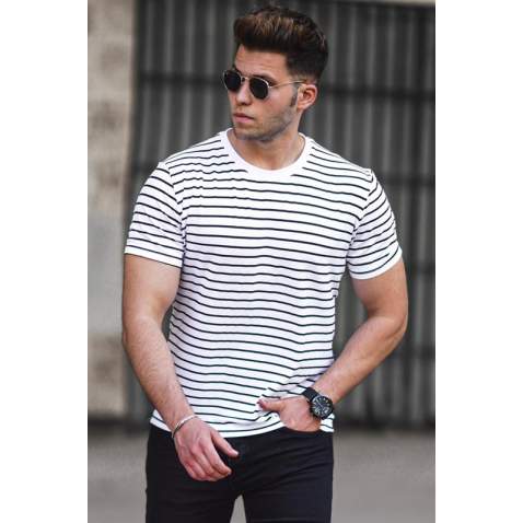 Madmext Men Striped White T-shirt 5275 - Beyaz