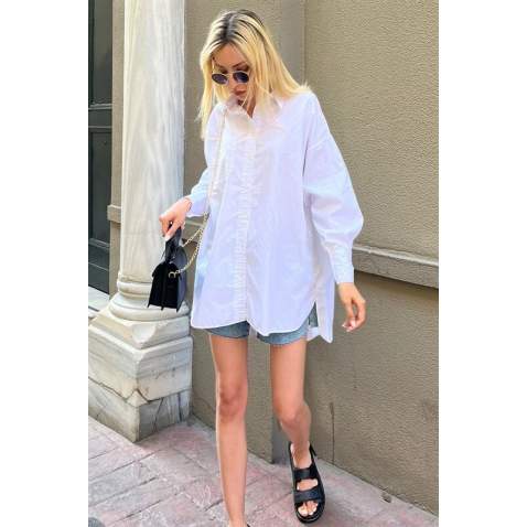 Women White Long Oversize Shirt MG1526 - Beyaz