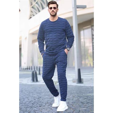 Navy Blue Designed Quilted Tracksuit 5907 - Lacivert