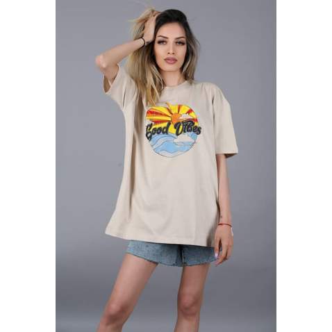 Mad Girls Printed Beige T-shirt Mg1148 - Bej