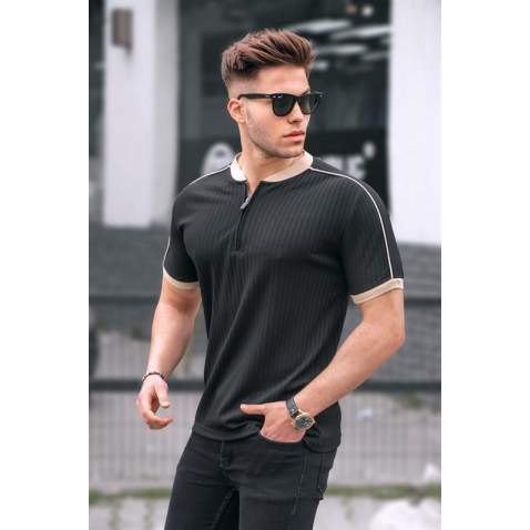 Men Black Zip Neck T-Shirt - Siyah