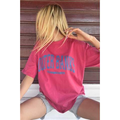 Women Printed Oversize Fuchsia T-Shirt - Fuşya