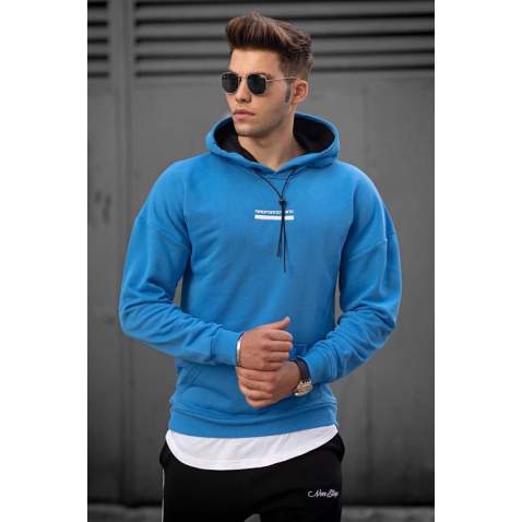 Madmext Blue Printed Hooded Sweatshirt 4722 - Mavi