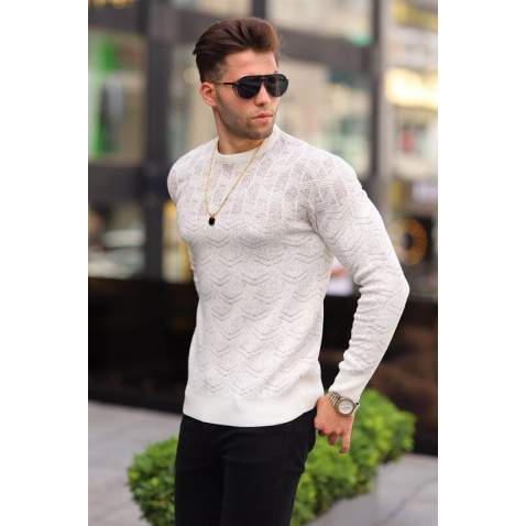 White Designed Knitwear Sweater 5971 - Kemik rengi