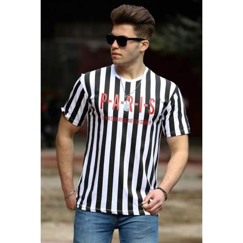 Madmext Black-White Striped T-shirt for Men 4003 - Beyaz