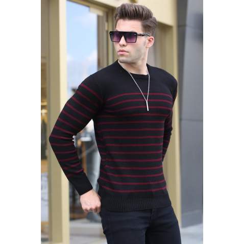 Black Striped Knitwear Sweater 5992 - Siyah