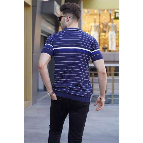 Men Striped Navy Blue Polo T-Shirt 5734 - Lacivert