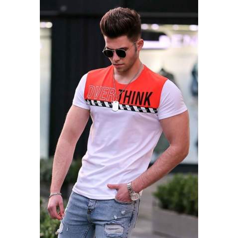 Madmext White "Over Think" Printed T-shirt for Men 3080 - Beyaz