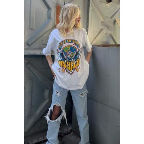 Women Printed White Over Fit T-Shirt MG1509 - Beyaz