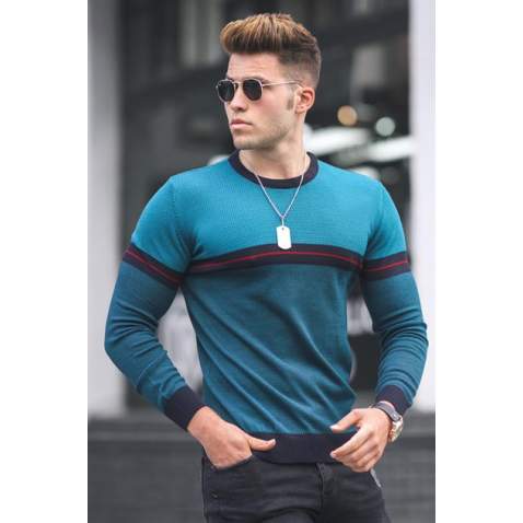 Madmext Men Stripe Sea Blue Sweater 5148 - Petrol mavisi